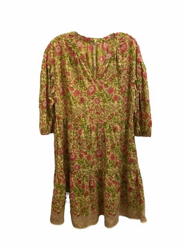 Daily Specials Women's Floral Print Tiered Puff Sleeve Dress In Lime/pink