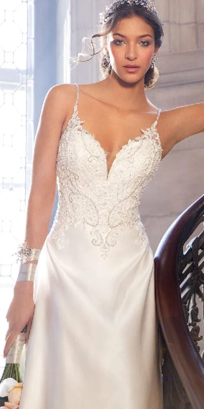 New Arrival Deep V Satin Rhinestone Beaded A Line Dress