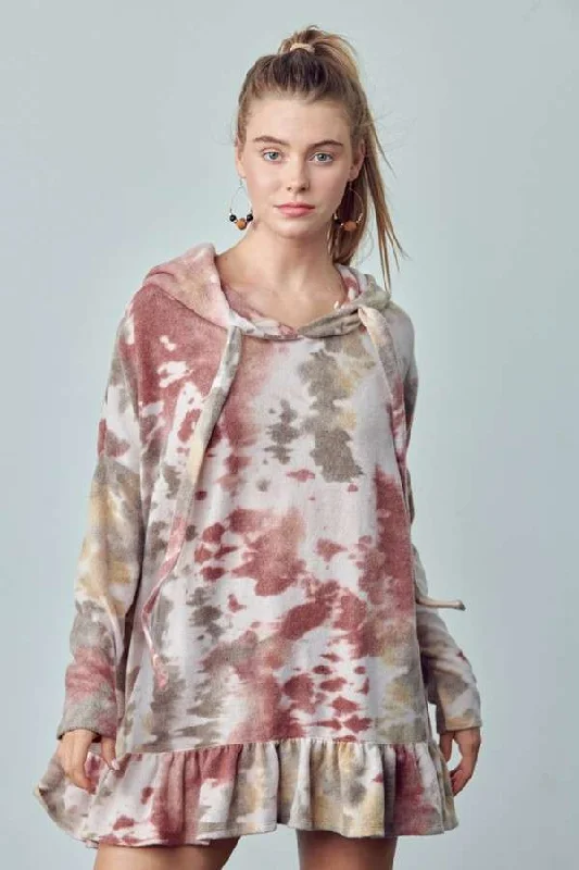 Holiday Sale Tie Dye Fleece Ruffle Bottom Hoodie Tunic - Jade by Jane