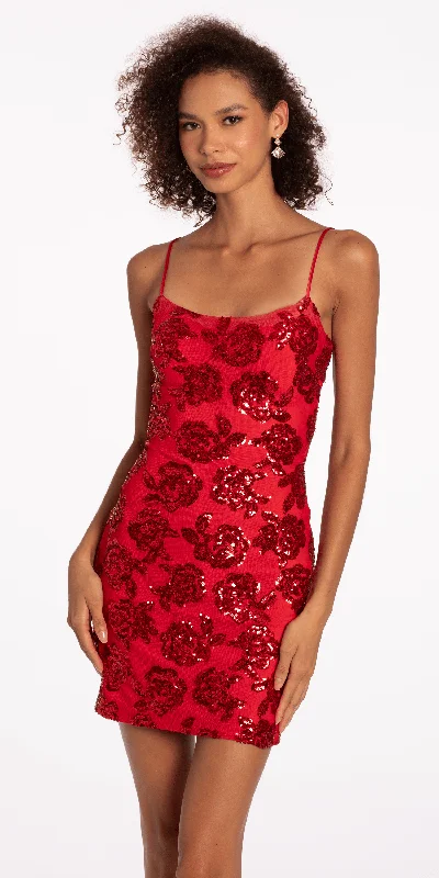 Instant Discount Rose Pattern Sequin Lace Up Back Bodycon Dress