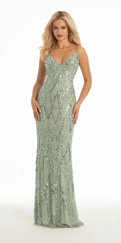 Clearance Items Deep V Illusion Sequin Tie Back Column Dress
