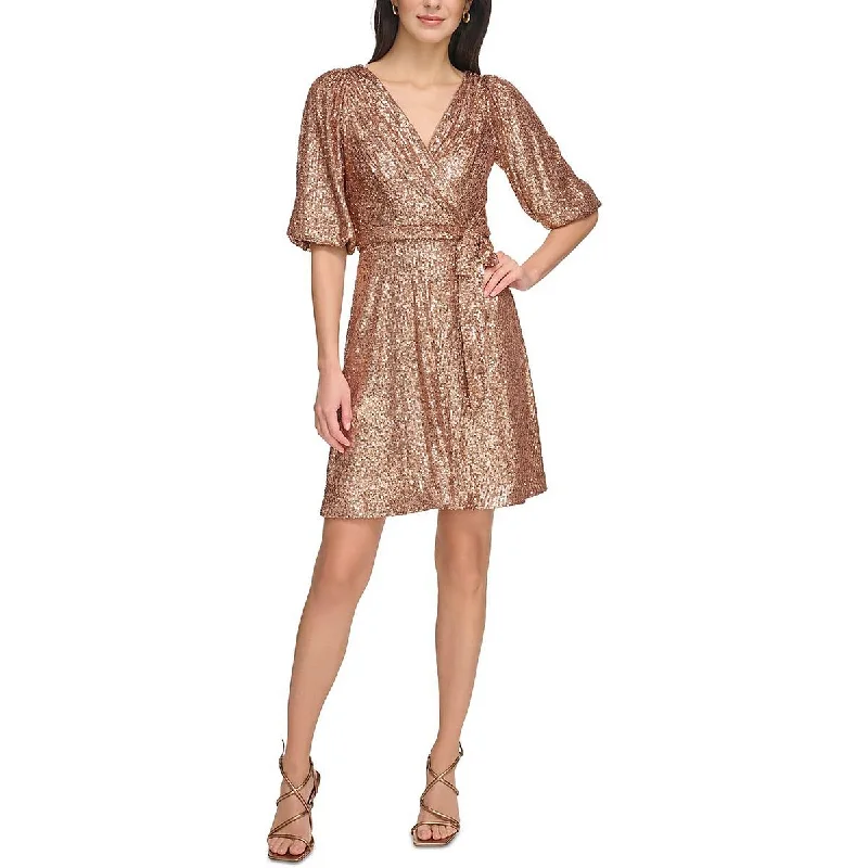 Now or Never DKNY Womens Petites Surplice Above Knee Fit & Flare Dress