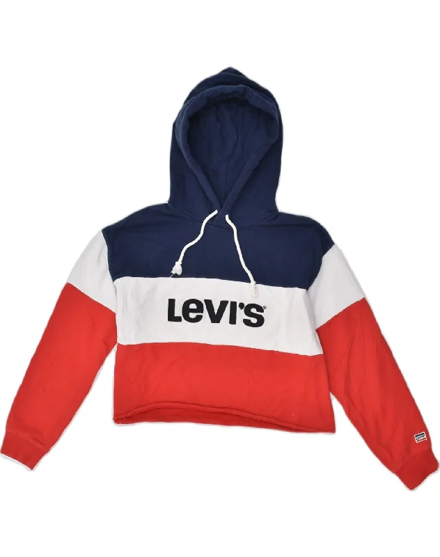 Midnight Madness LEVI'S Womens Oversized Crop Hoodie Jumper UK 10 Small Red Colourblock