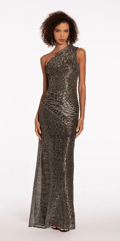 Price Meltdown Metallic One Shoulder Column Dress with Ruching