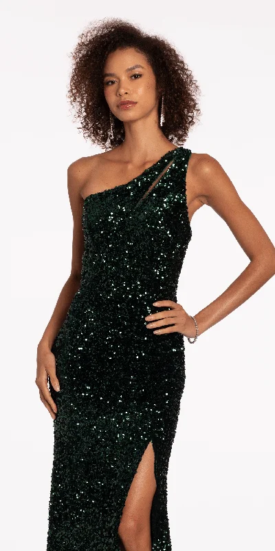 Weekend Deal One Keyhole Shoulder Sequin Lace Up Back Mermaid Dress with Side Slit