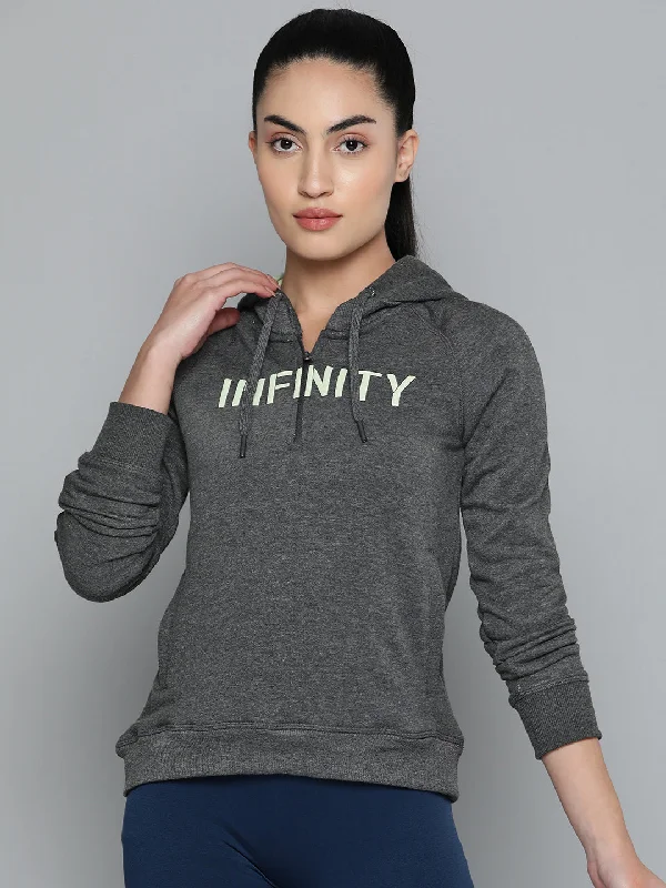 Weekend Deal Alcis Women Charcoal Grey White Typography Printed Hooded Sweatshirt