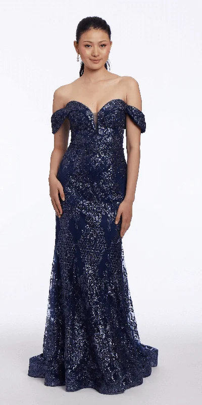 Extra Savings Plunging Glitter Off the Shoulder Mermaid Dress with Horse Hair Hem