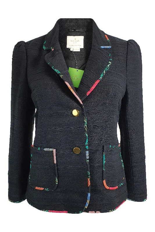Markdown Madness KATE SPADE Black Picnic Perfect Blossom Trimmed Tweed Jacket (US 2 | UK 6)
