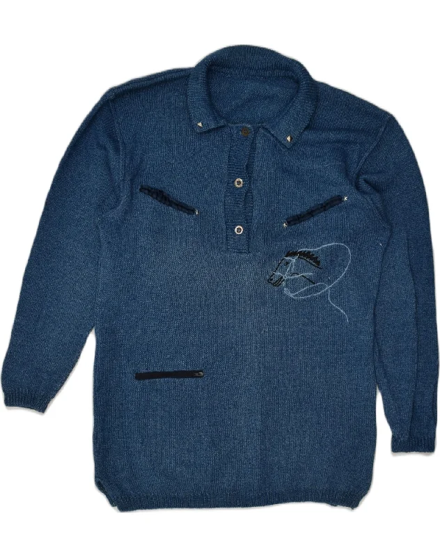 Price Reduction VINTAGE Womens Graphic Polo Neck Jumper Sweater UK 22 3XL Blue Cotton
