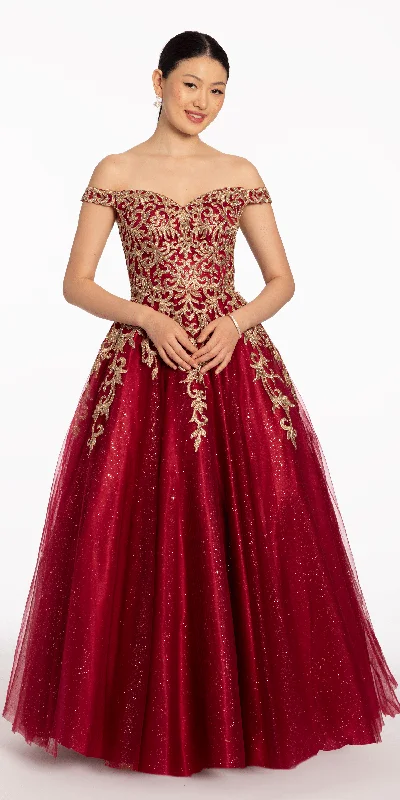 Exclusive Preview Off The Shoulder Metallic Applique Glitter Ballgown