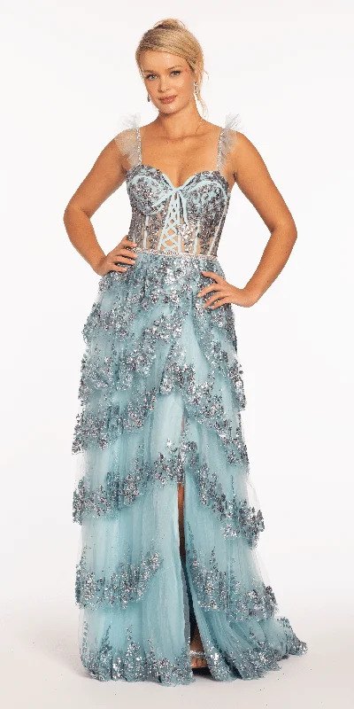 Doorbuster Deal Glitter Mesh Corset Tiered Ballgown with Sequin and Ruffle Detail