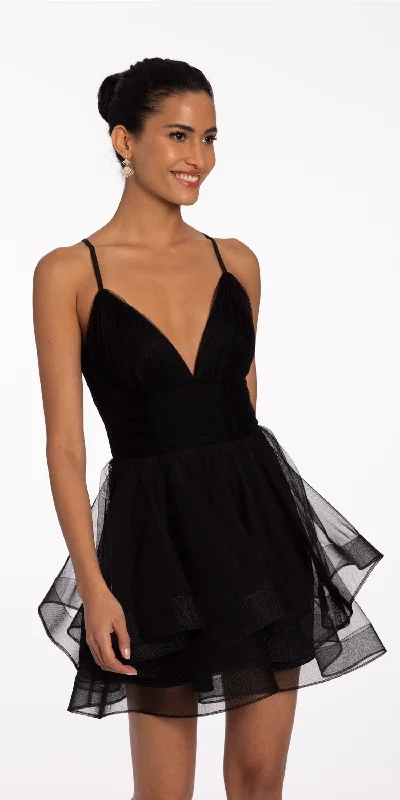 Can't Miss Deep V X Back Mesh Tiered Fit and Flare Dress