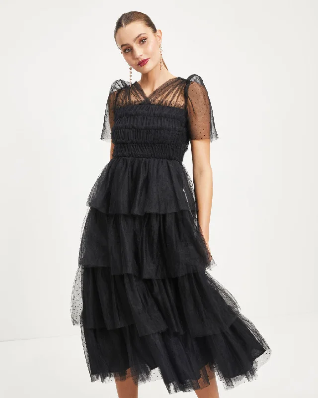 Shop and Save Night At The Opera Tulle Tiered Polka Dot Maxi Dress