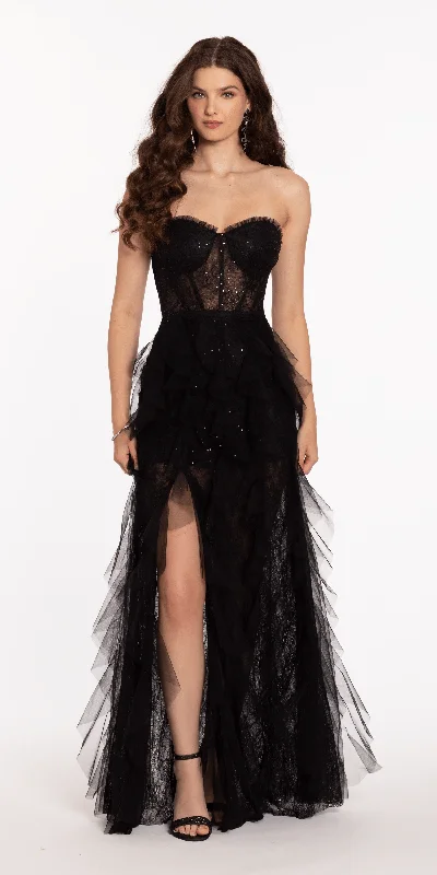 Bargain Bin Sweetheart Illusion Corset Trumpet Dress with Mesh Cascades