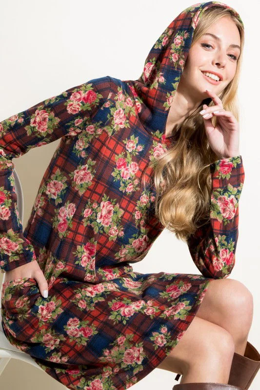 Deal Mania Floral And Plaid Print Sweatshirt Mini Dress