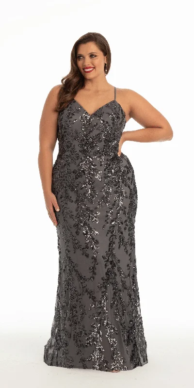 YEAR-End Sale Strappy Lace Up Back Mesh Sequin Trumpet Dress with Leaf Detail