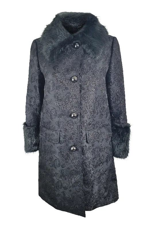 Online Only KATE SPADE Black Dashing Beauty Metallic Jacquard Faux Fur Trim Coat (US 0 | UK 4)