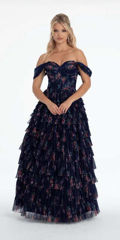 Early Access Print Mesh Off the Shoulder Tiered Corset Ballgown