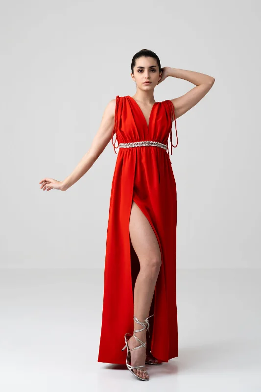 Take Advantage ADJUSTABLE SLEEVE EMBELLISHED RED DRESS