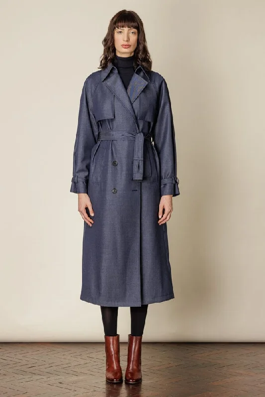 Best Bargains Maddie Trench Coat - Denim Blue Wool Gabardine