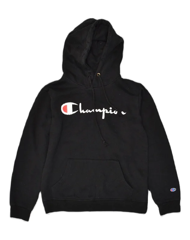 Can't Be Beat CHAMPION Womens Graphic Hoodie Jumper UK 14 Medium Black Cotton
