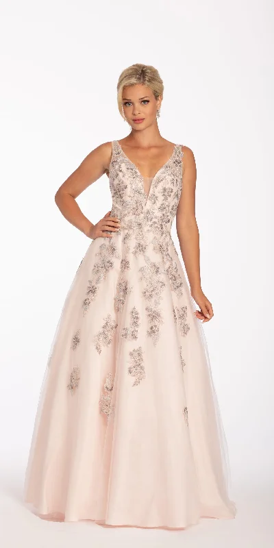 Get It Before It’s Gone Plunging Tulle Ballgown with Metallic Floral Applique