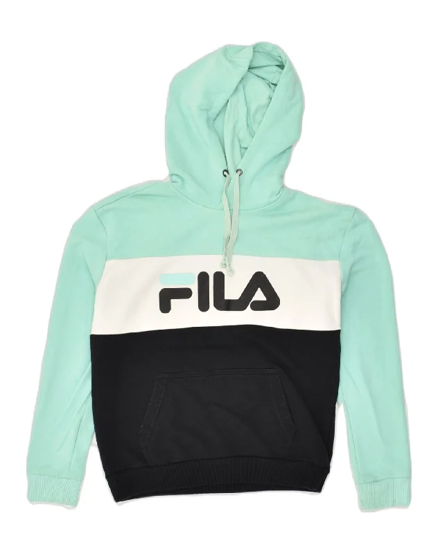 YEAR-End Clearance FILA Womens Graphic Hoodie Jumper UK 6 XS Blue Colourblock Cotton