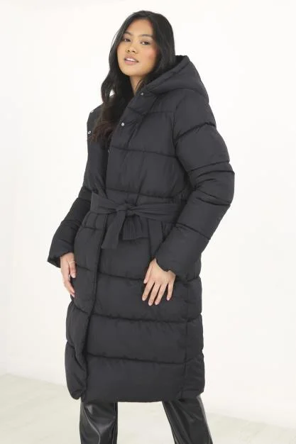 TIME-Limited Offer PADDED BELTED MAXI COAT WITH FIXED HOOD