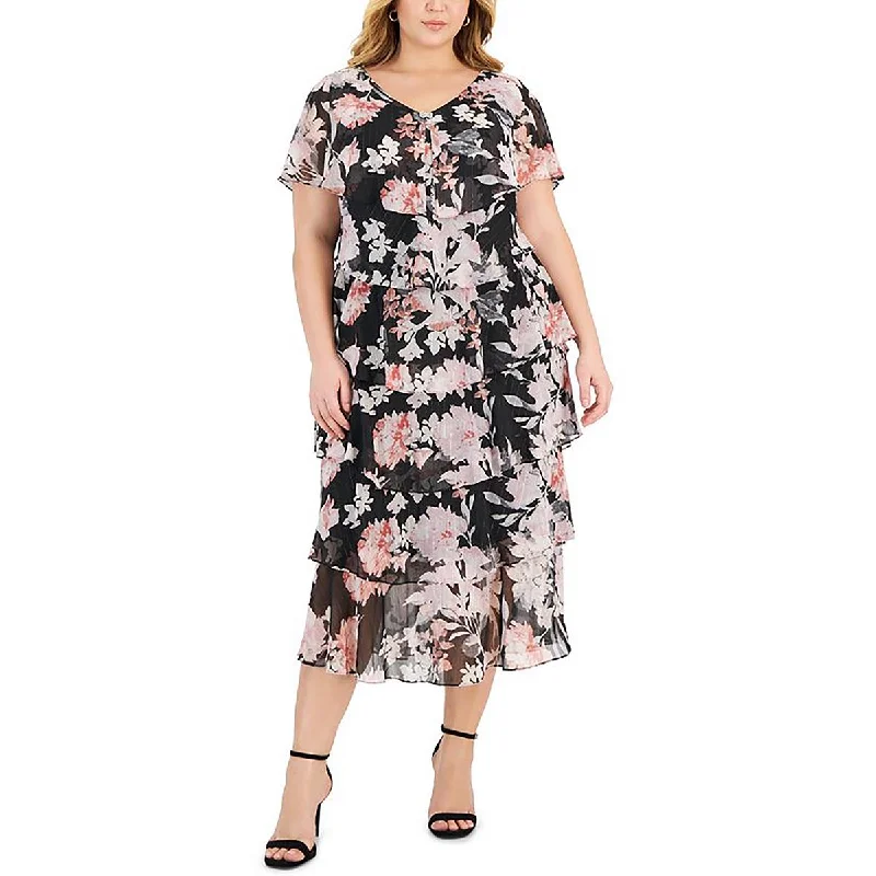 Sale Event SLNY Womens Plus Floral Print Ruffle Midi Dress