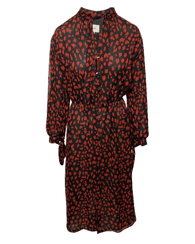 Special Savings Nanushka Zahara Pussy Bow Printed Midi Dress in Black Print Polyester