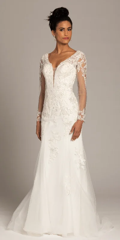 Don't Wait Floral Embroidered Plunging Long Sleeve Tulle Trumpet Dress