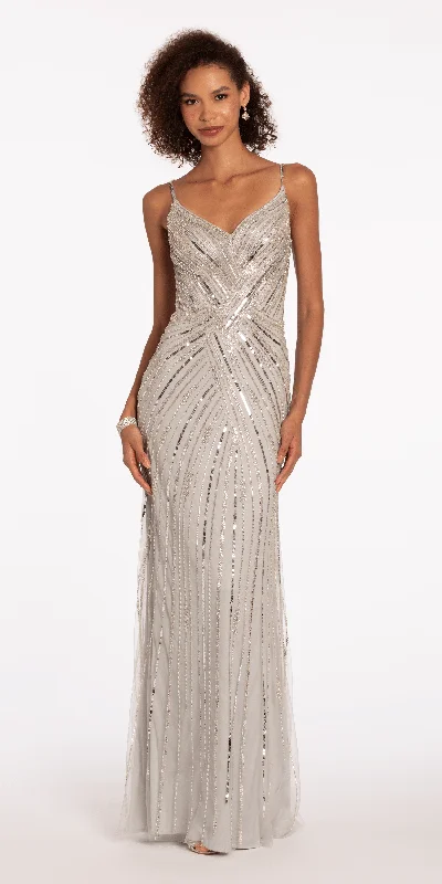 Mega Deal V Back Crossover Beaded Mesh Column Dress with Sheer Side Panels