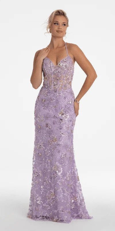 Referral Discount Floral Embellished Mesh Halter Lace Up Back Trumpet Dress