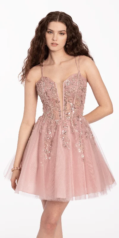 Online Only Plunging Embroidered Lace Up Skater Dress