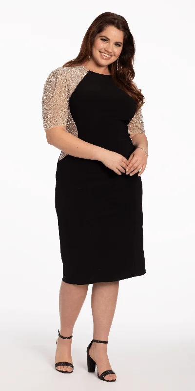 Must-Have Deals Mesh Two Tone Short Sleeve Beaded Jersey Dress