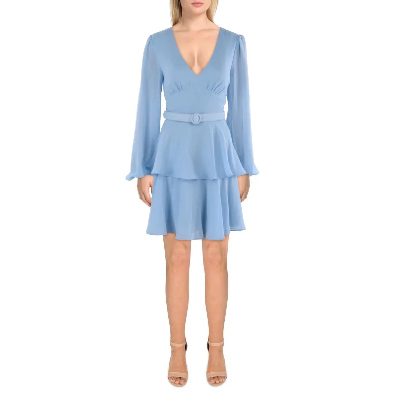 Discount Mania City Studio Womens Juniors Crepe V-Neck Fit & Flare Dress