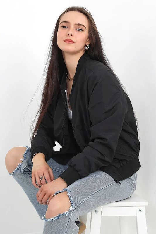 Exclusive Offers PLAIN BLACK ZIP THROUGH BOMBER JACKET