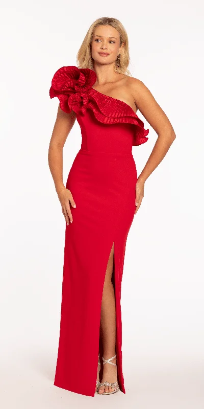 Super Savings Scuba One Shoulder Column Dress with Pleated Ruffle Flower