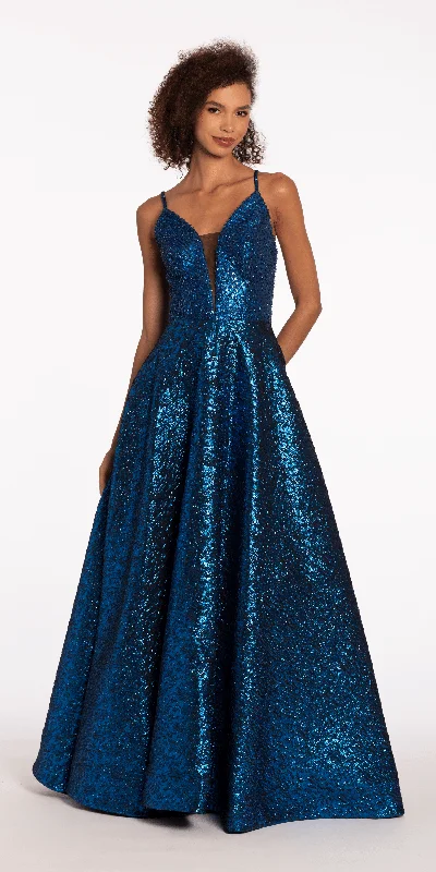 Season Finale Sale Plunging Metallic Beaded Jacquard Ballgown with Pockets
