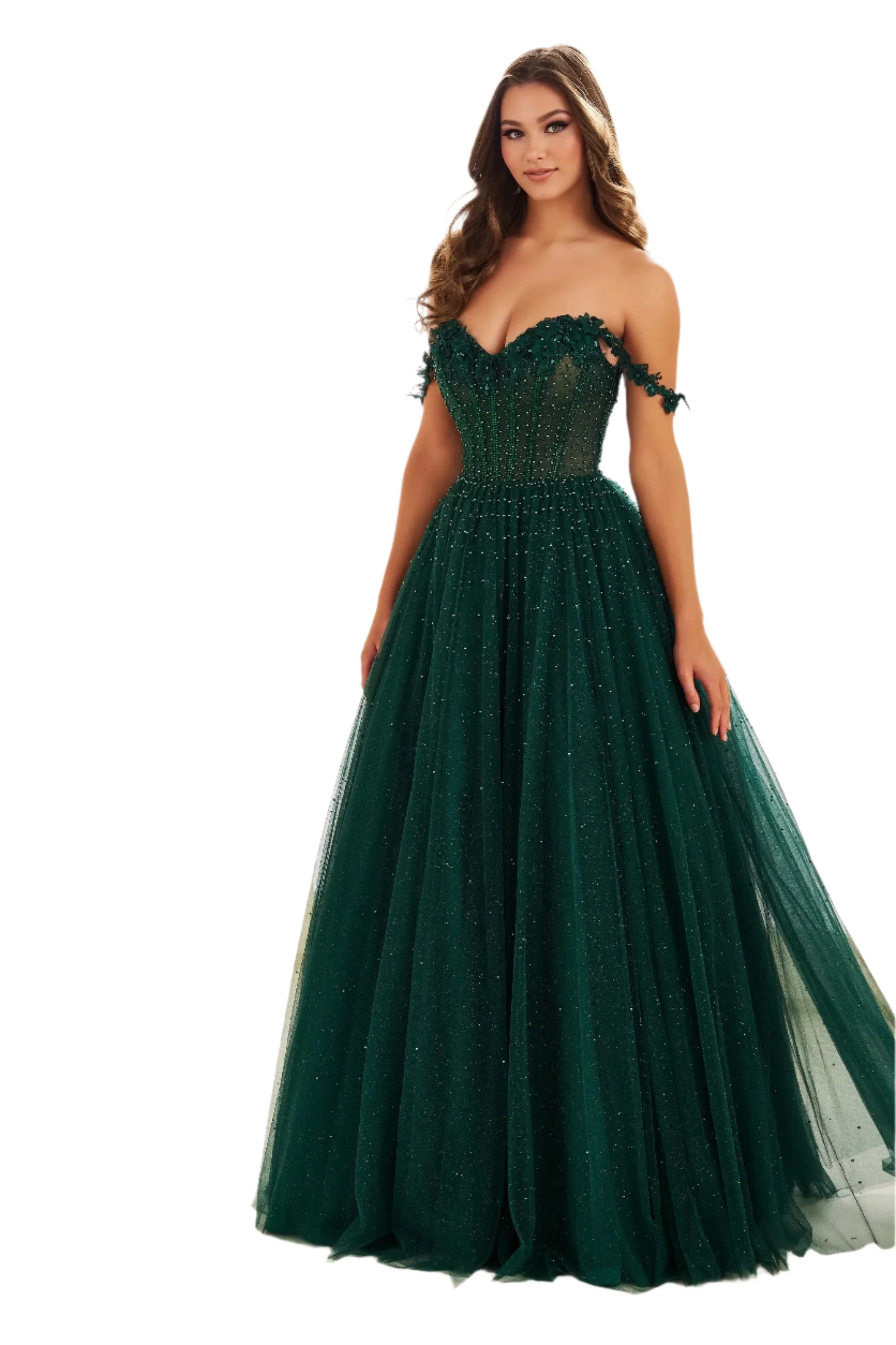 Can't Miss Ellie Wilde EW36071 Size 00 Emerald Long A Line Sheer lace Corset Prom Dress off the shoulder Formal ball Gown