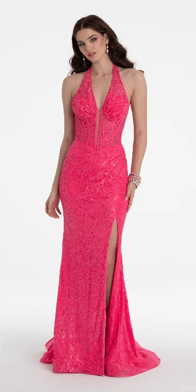 Special Buy Beaded Stretch Lace Halter Corset Column Dress