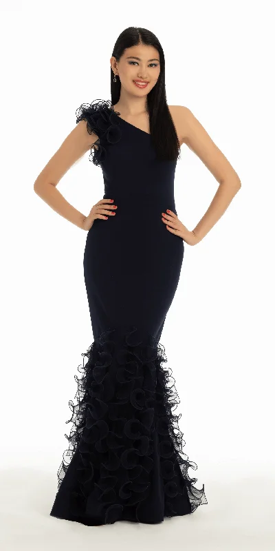 Bargain Prices Crepe One Shoulder Wire Ruffle Mermaid Dress