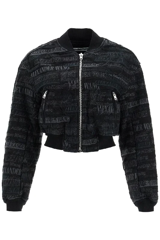 Final Clearance Denim Bomber Jacket With Embroidered Lettering  - Black