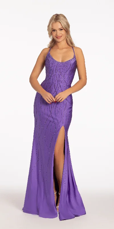 Today’s Deal Satin Lycra Drizzle Beaded Lace Up Trumpet Dress