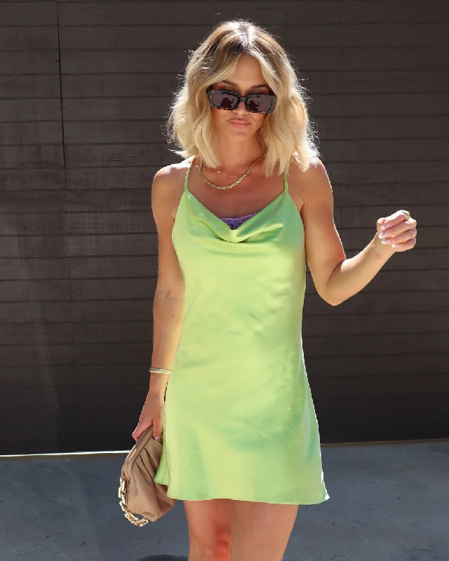 Special Price Day And Night Satin Cowl Neck Lace Trim Mini Dress