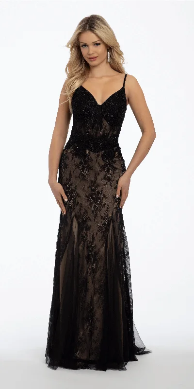 Deal Alert Two Tone Embroidered V Neck Mesh Dress with Godets