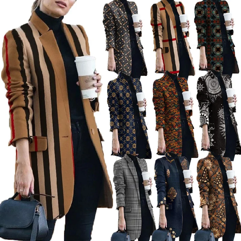 Overstock Sale Fashion Printed Stand-Collar Woolen Coat Women