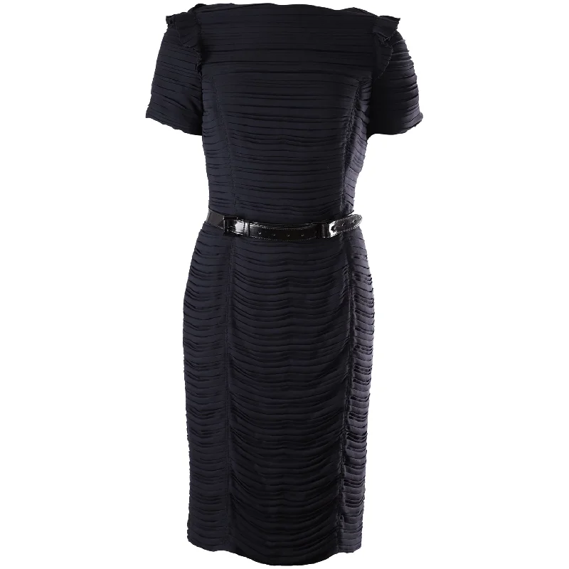 Final Sale Burberry Pleated Midi Dress with Belt in Navy Blue Silk