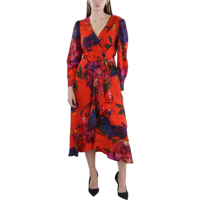 Amazing Deals Tahari ASL Womens Floral Print Tea Length Wrap Dress