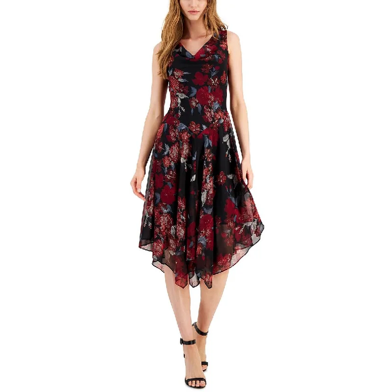 Last Chance Signature By Robbie Bee Womens Petites Handkerchief Hem Floral Fit & Flare Dress